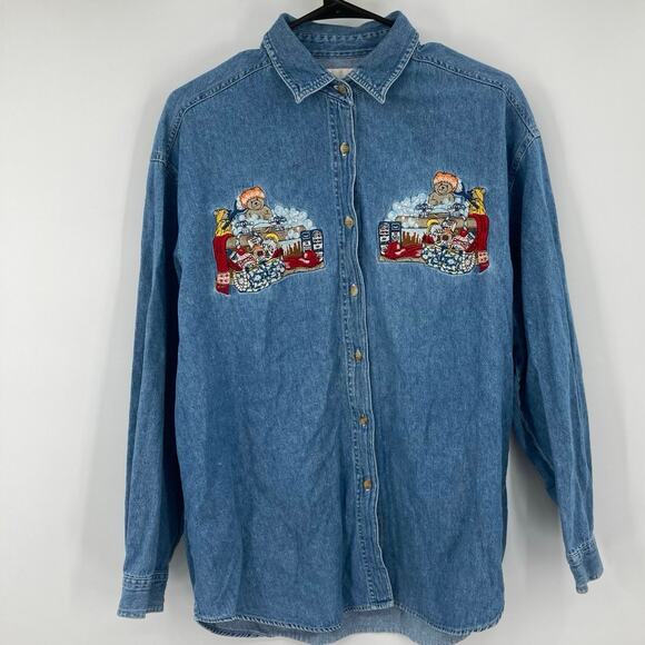 Vintage 90s Carolina Blue Embroidered Teddy Bear Bath Denim Button Up Womens Lg - Picture 1 of 8